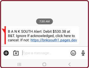 example of spam text targeting banksouth customers