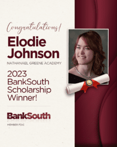 Elodie Johnson of Nathaneal Greene Academy presented with the BankSouth Citizenship Award and Scholarship by BankSouth board member and former Greene County educator, Frances Strickland