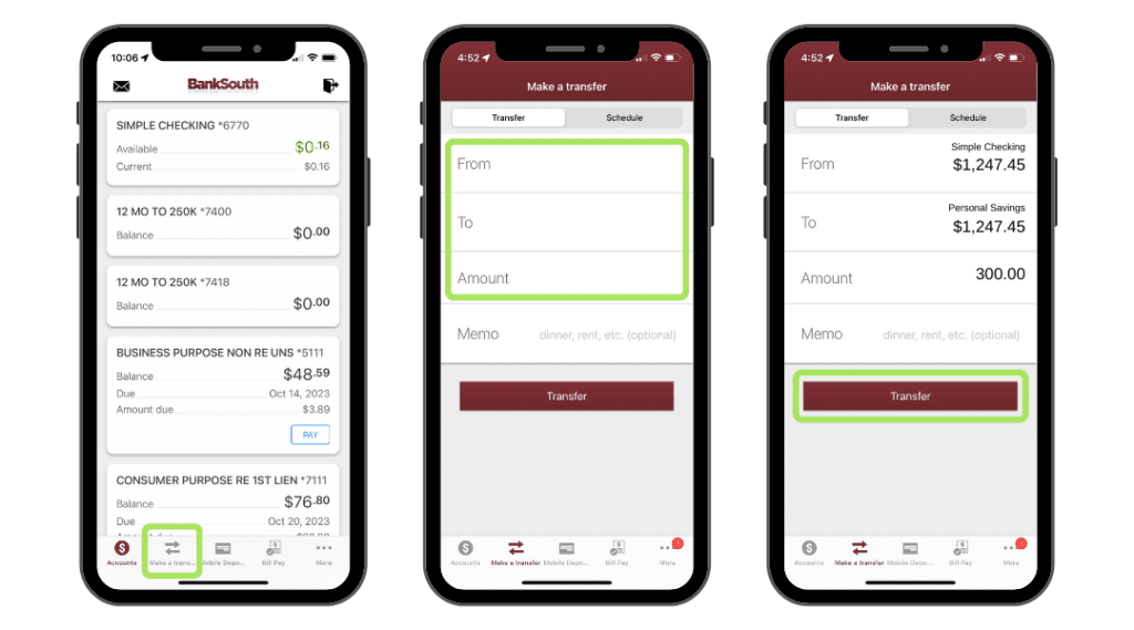 how to make an internal transfer with the banksouth app