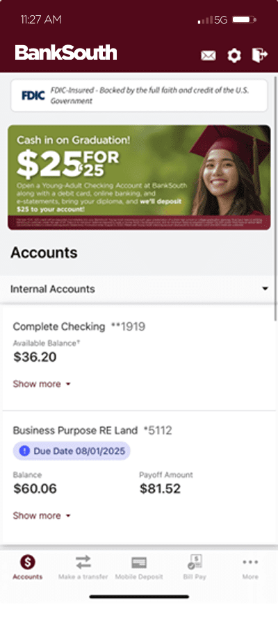 banksouth account history screen